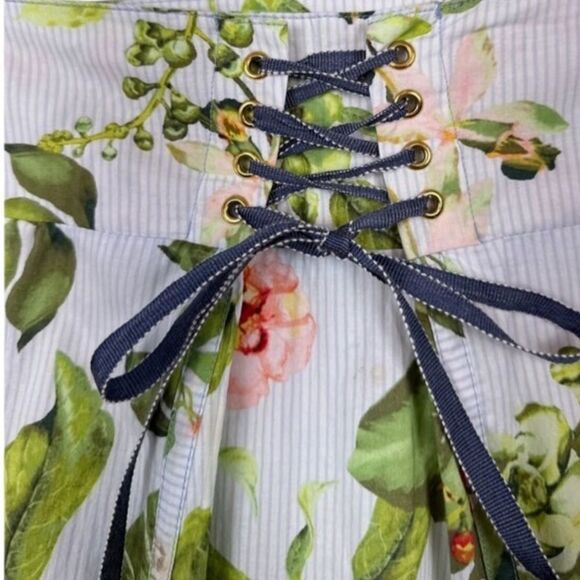 Tommy Hilfiger Blue Pinstripe Floral Print Waist Lace Up Ruffle Hem Midi Skirt - Picture 11 of 14